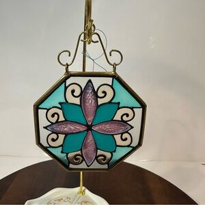 Stained Glass Floral Ornament / Suncatcher Teal & Lavender Octagon Vintage Style